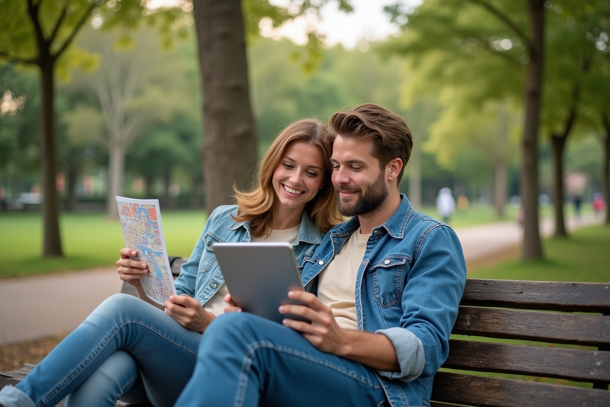 Couple discutant avec brochure dans un parc