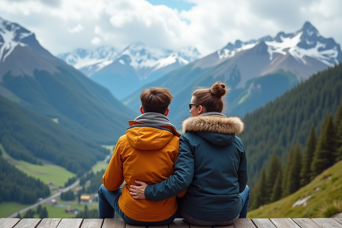 Couple assis sur un balcon avec vue sur montagnes enneigees