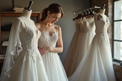 Créatrice de robes de mariée en atelier élégamment habillée