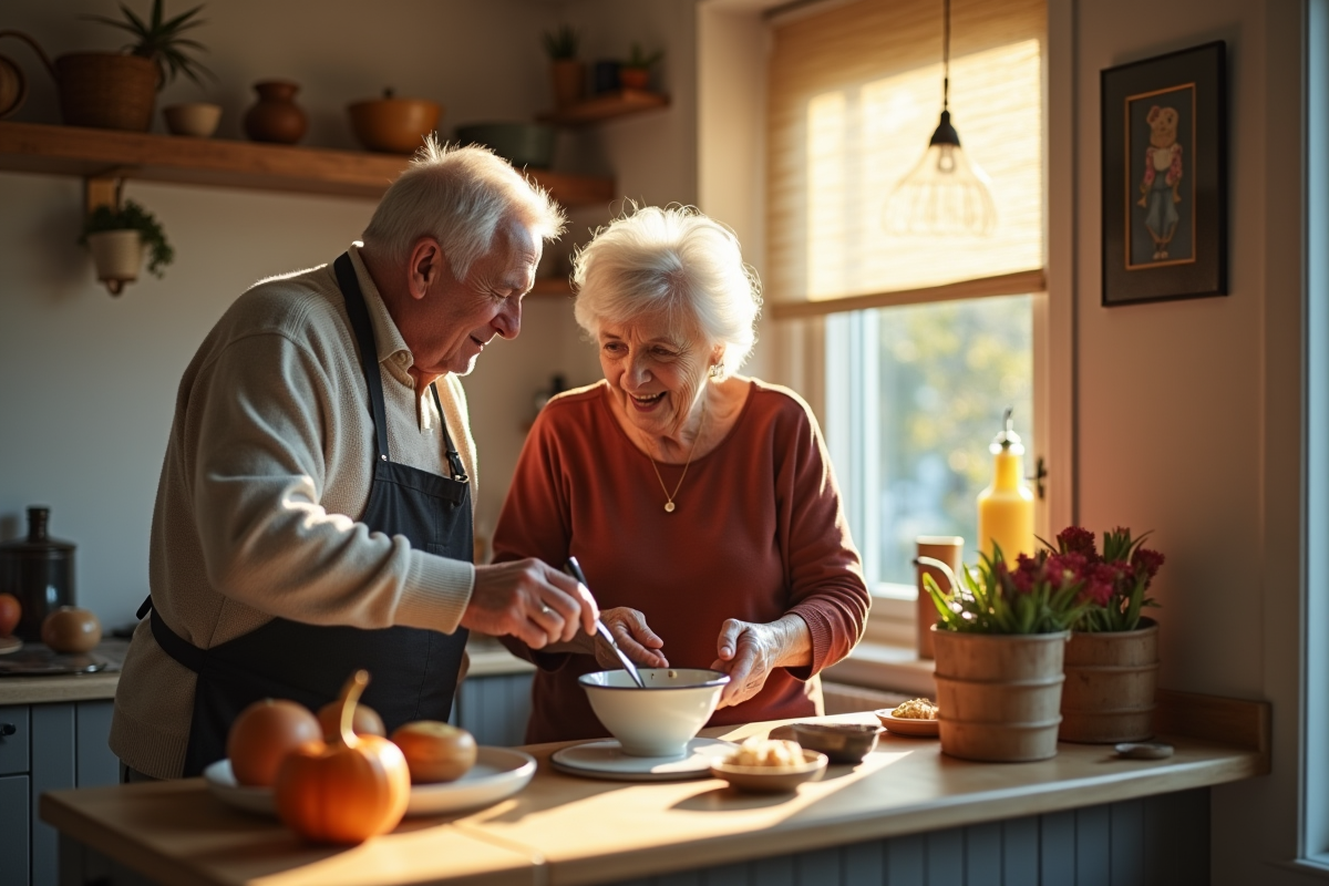 Couple âgé préparant le petit déjeuner dans la cuisine