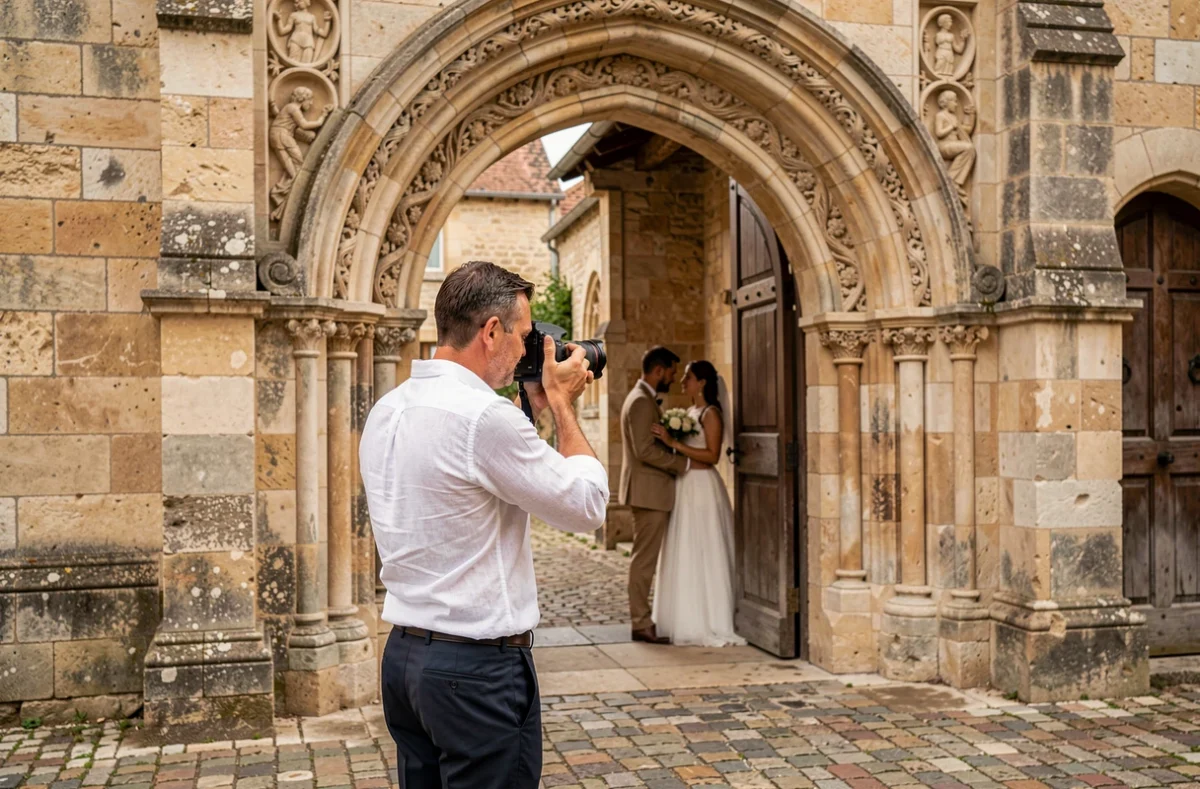 David Carquet photographiant un couple de mariés sous le portail roman d'une église en pierre à Saintes, en Charente-Maritime