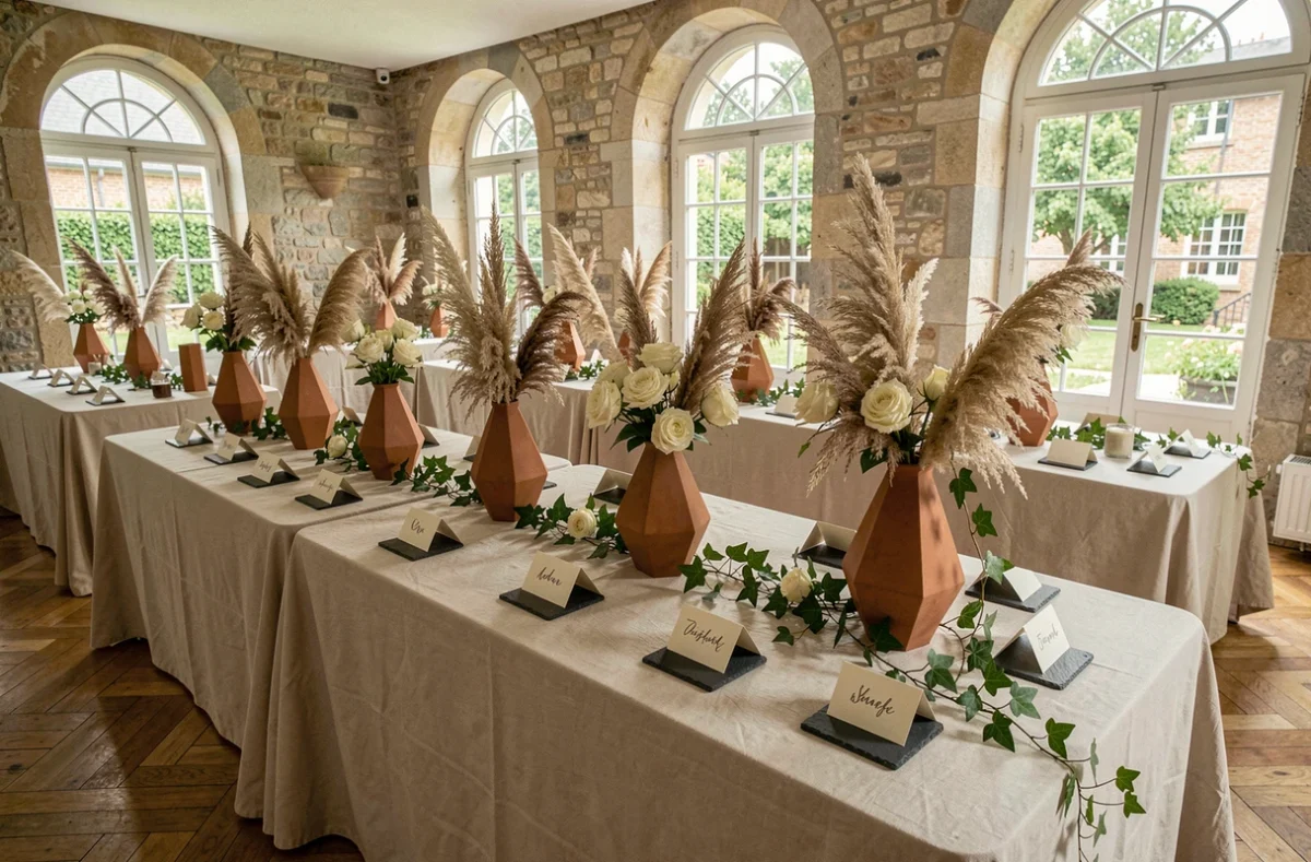 Décoration de salle de mariage civil élégant avec vases en terracotta, pivoines blanches et calligraphie sur ardoise