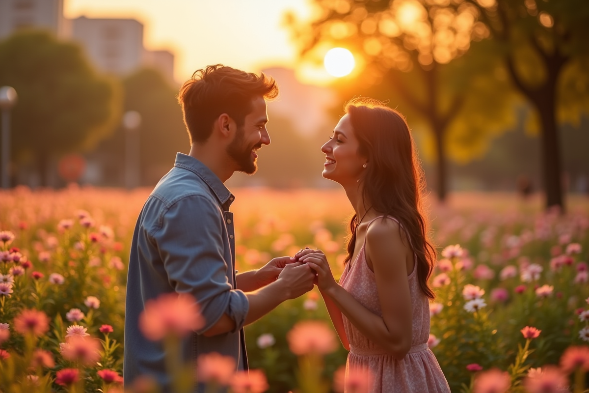Jeune homme proposant mariage dans parc au coucher du soleil