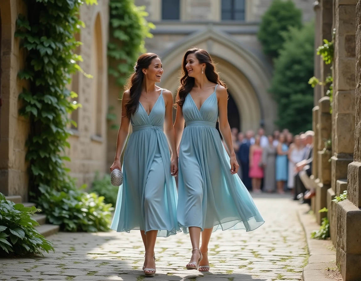 Deux demoiselles d'honneur en robes bleutées portant des sandales argentées et des sacs assortis devant une église en pierre