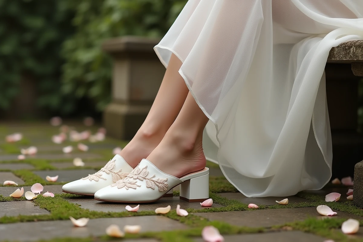 Détail de chaussures mules blanches à talon bloc brodées portées par une mariée sur un banc en pierre dans un jardin fleuri