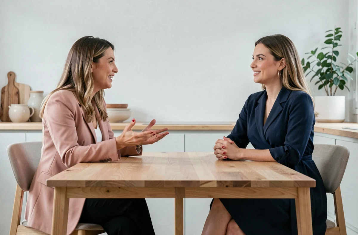 Deux femmes discutant avec animation autour d'une table dans une cuisine moderne, évoquant les conversations sur les rumeurs de mariage