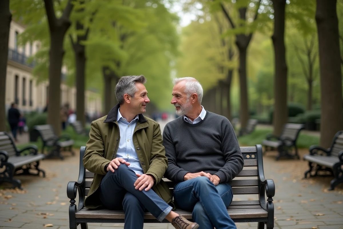 Deux hommes en conversation intime et détendue dans un jardin urbain parisien
