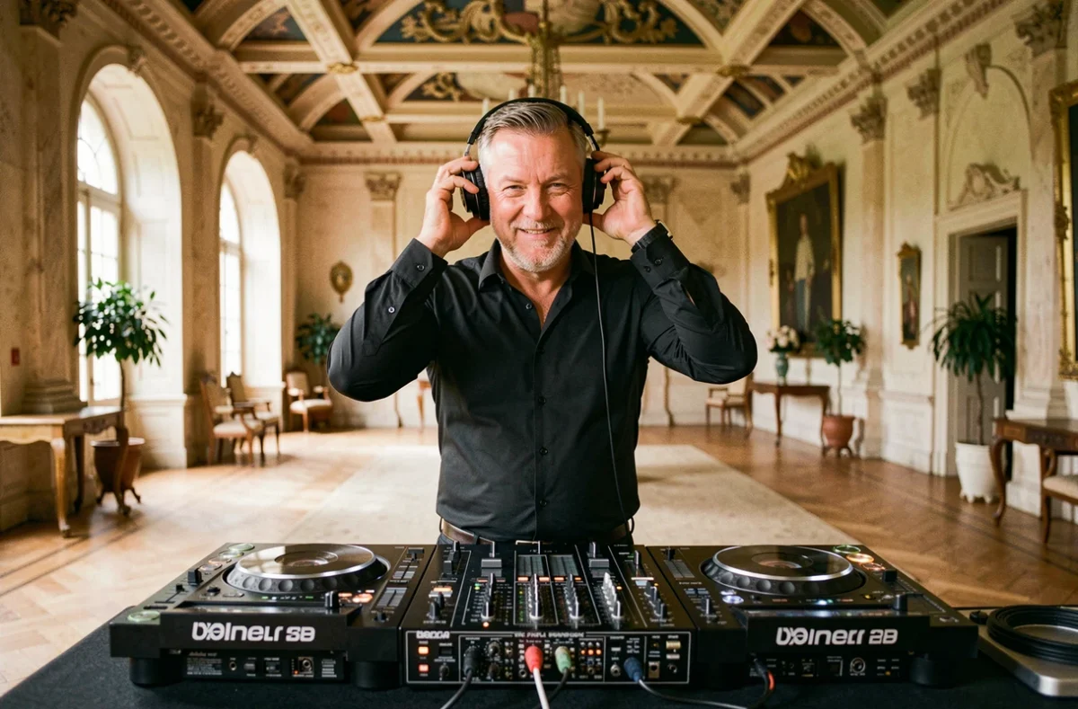 DJ Alain derrière ses platines lors d'une animation de mariage dans un château du Nord