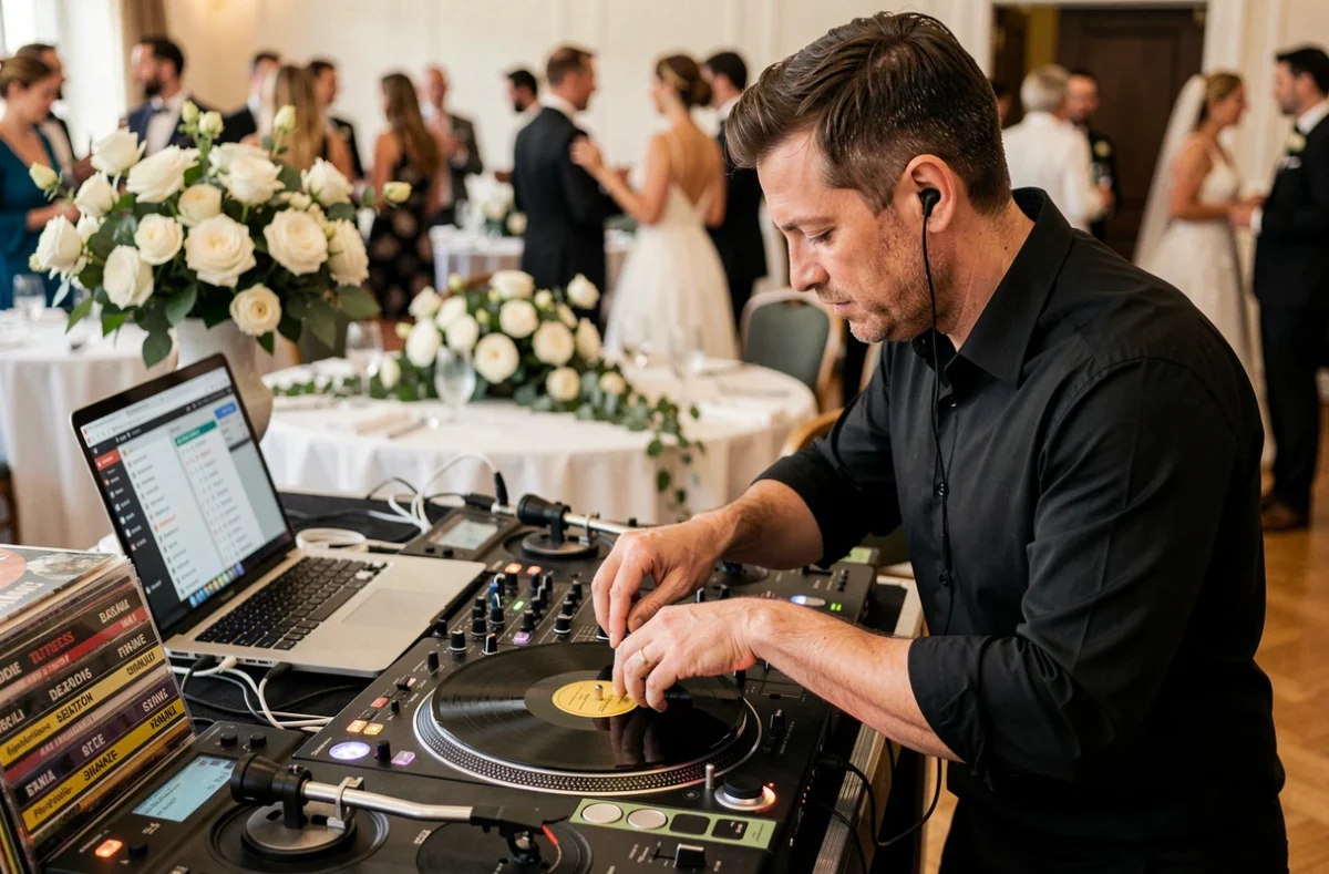 DJ de mariage professionnel ajustant sa playlist sur des platines vinyles lors d'une réception élégante