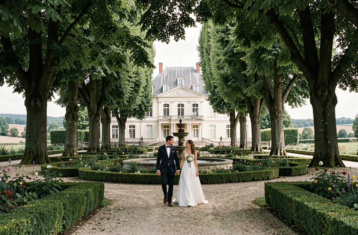 Domaine de Rochemontès en Haute-Garonne avec allée de chênes, fontaine centrale et façade néoclassique blanche pour une réception de mariage