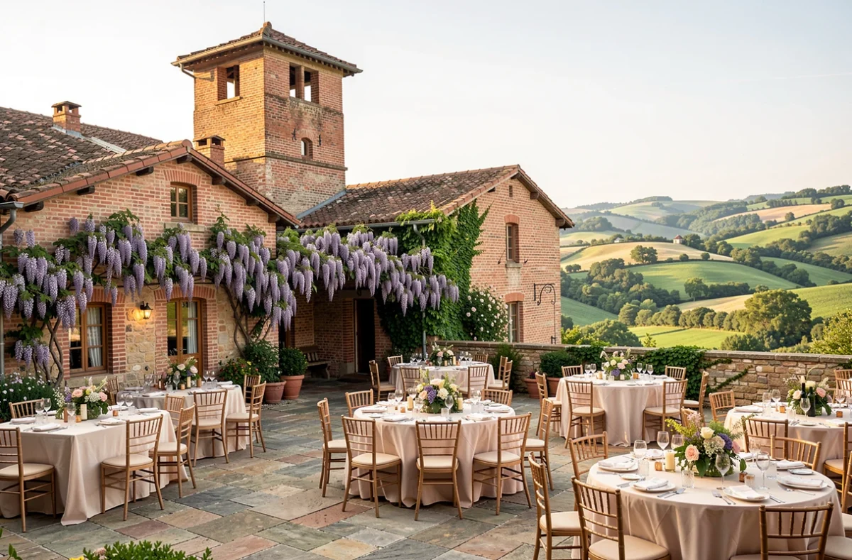 Domaine du Beyssac en Haute-Garonne avec son pigeonnier en brique, sa terrasse en pierre et son cadre champêtre pour un mariage