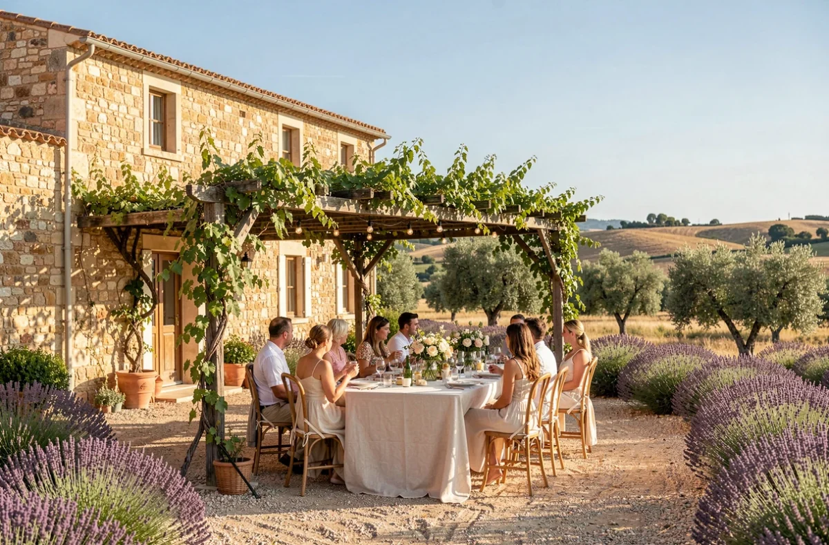Domaine Le Grand Belly près de Nîmes avec pergola couverte de vigne, tables dressées pour un mariage et paysage de garrigue en arrière-plan