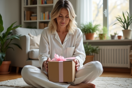 Femme en pyjama dépose un don dans une boîte caritative