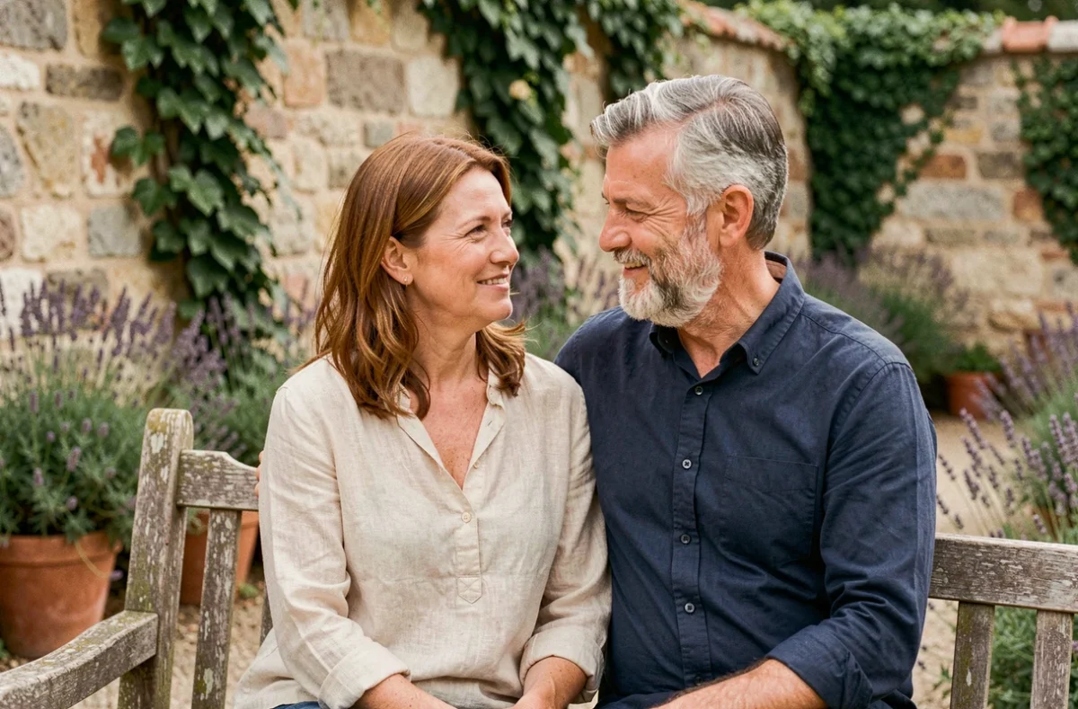 Dorothée et Vincent, couple discret assis dans un jardin en pierre français, souriant l'un vers l'autre dans une atmosphère intime et authentique
