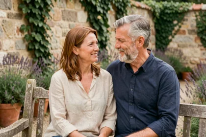 Dorothée et Vincent, couple discret assis dans un jardin en pierre français, souriant l'un vers l'autre dans une atmosphère intime et authentique