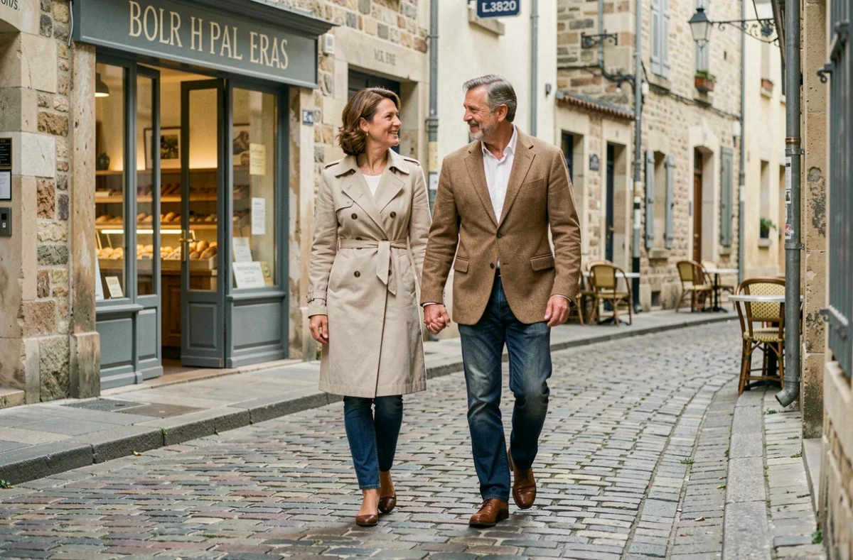Couple discret marchant main dans la main dans une rue pavée d'une ville provinciale française, atmosphère authentique et décontractée