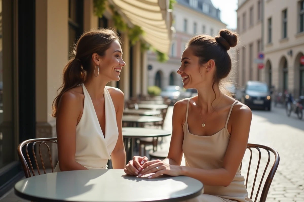 Deux futures mariées en robes de mariage civil simples et chic — crêpe blanc et champagne — assises en terrasse de café près d'une mairie, échange complice et naturel