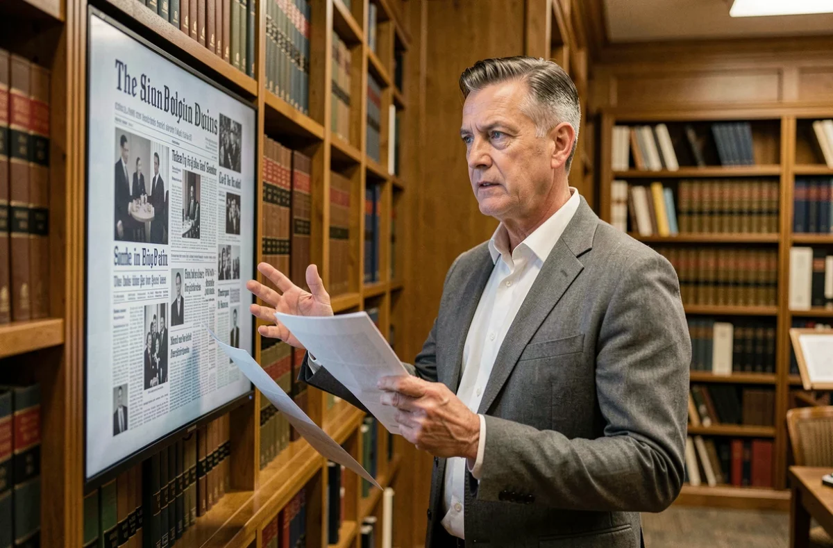 Éditeur expérimenté examinant des archives de presse pour évaluer la fiabilité d'une information médiatique