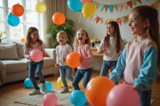 Groupe d'enfants jouant avec des ballons colorés lors d'une fête intérieure