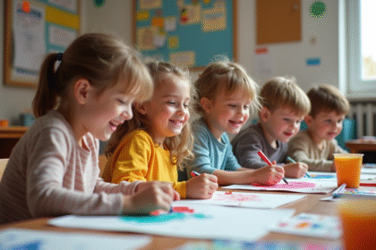 Groupe d'enfants qui peignent ensemble dans une salle communautaire