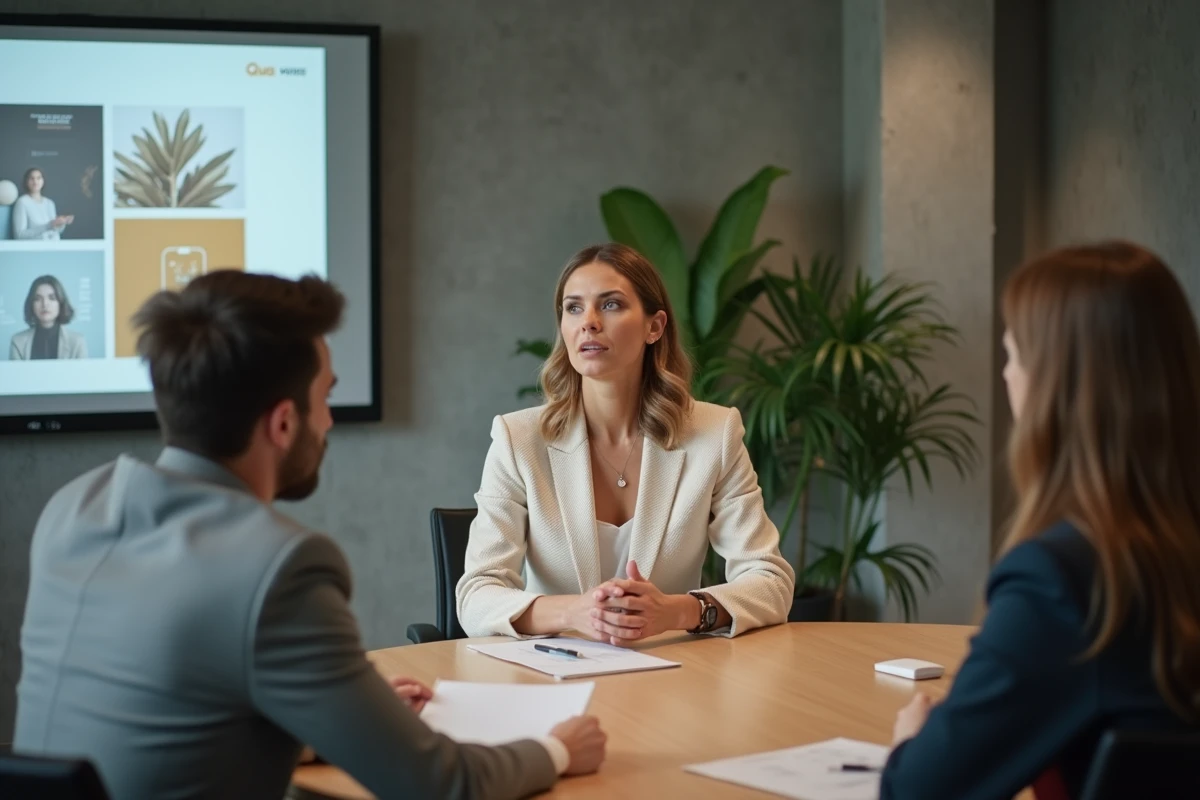 Femme entrepreneur présentant une stratégie de marque à son équipe en salle de réunion moderne, évoquant l'influence d'un partenaire célèbre sur le développement des affaires