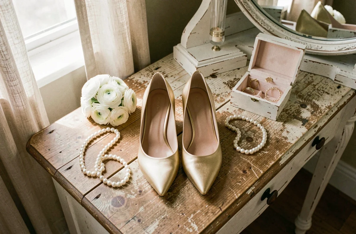 Escarpins dorés en satin à talon chaton pour mariée posés sur une coiffeuse en bois entourée d'accessoires de mariage
