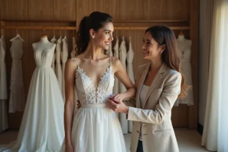 Femme souriante en robe de mariée dans un atelier de couture