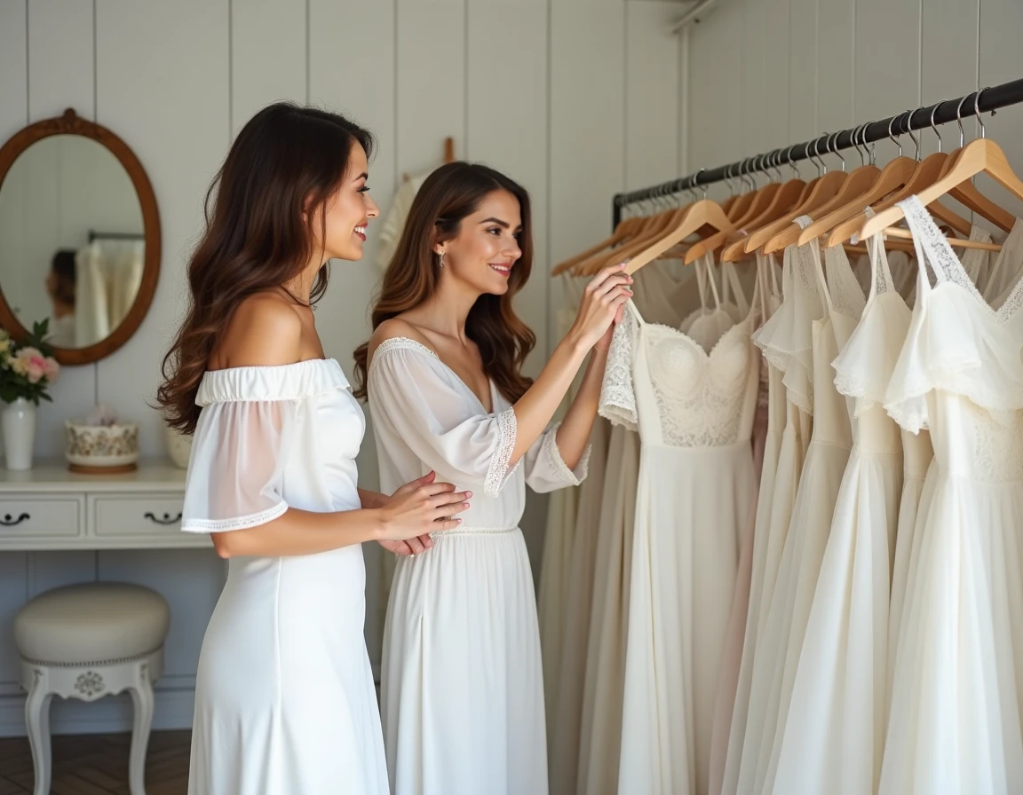 Deux femmes essayant des robes de mariée petit budget dans une boutique de mariage intimiste au style atelier français