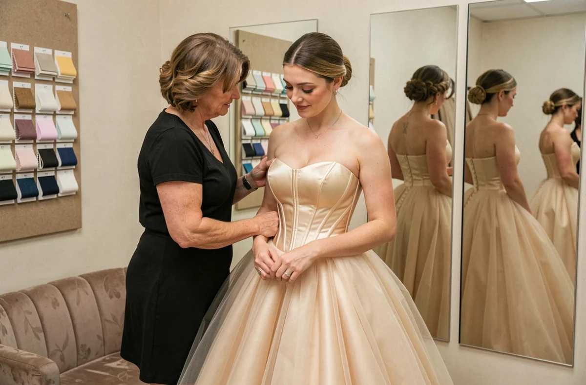 Essayage de robe de mariée bustier volumineux en tulle champagne avec une consultante en atelier nuptial