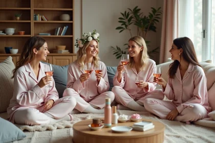 Groupe d'amies en pyjama profitant d'un EVJF intimiste à la maison avec vernis, masques et rosé