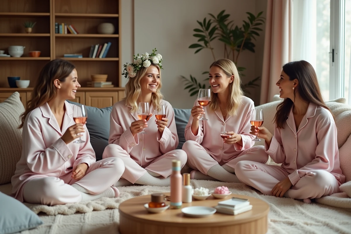 Groupe d'amies en pyjama profitant d'un EVJF intimiste à la maison avec vernis, masques et rosé
