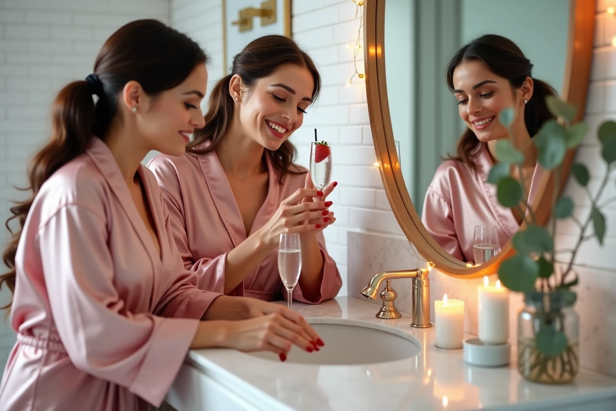 Trois amies en robes satin se faisant les ongles dans une salle de bain décorée pour un EVJF à domicile