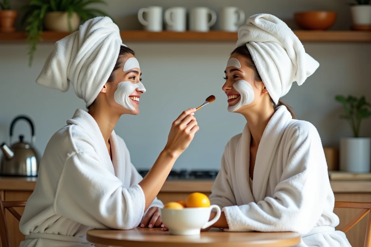 Deux amies s'appliquant des masques visage lors d'un EVJF à la maison dans une cuisine chaleureuse