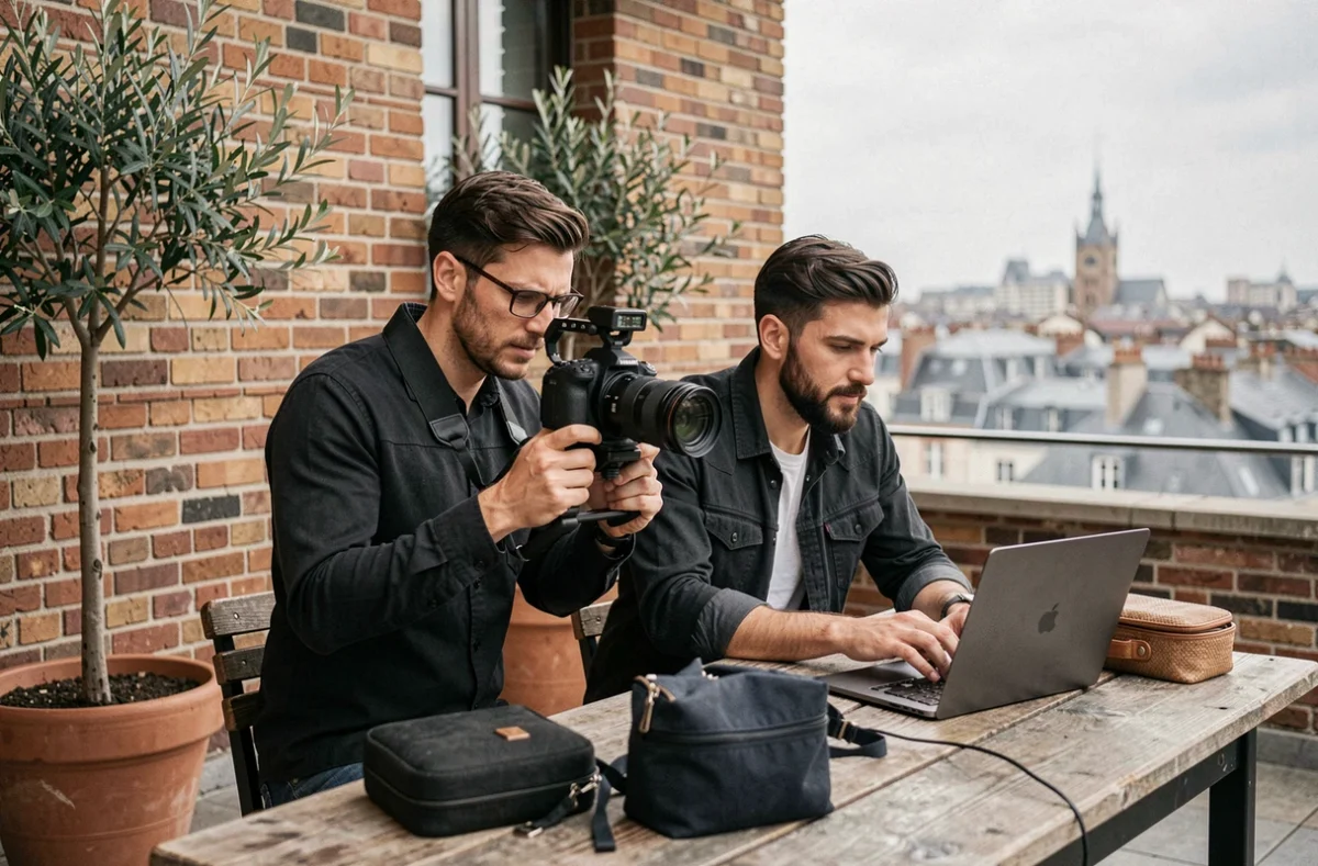 Duo de vidéastes et photographes collaborant sur un tournage mariage à Bordeaux