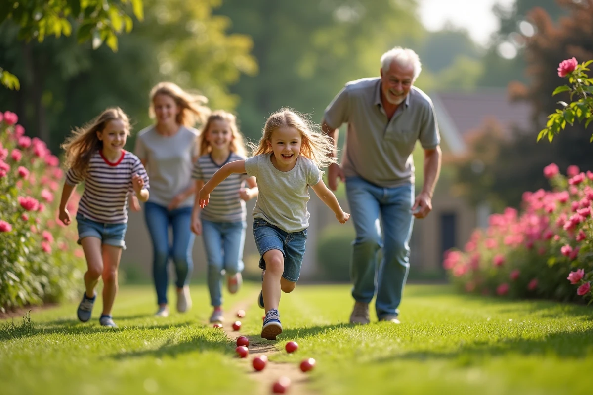 Famille jouant en extérieur dans un jardin coloré