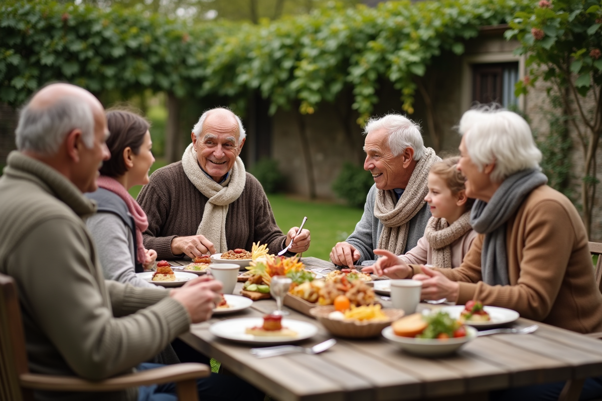 Famille multigeneration partageant un repas en plein air