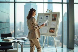 Femme d'affaires influente dans un bureau moderne examinant des documents de branding, illustrant l'impact du mariage sur l'image publique et la stratégie commerciale