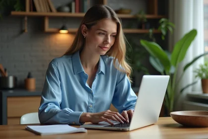 Femme concentrée sur son ordinateur dans un intérieur moderne