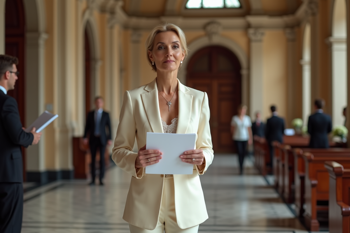 Femme élégante en costume civil dans hall de mairie