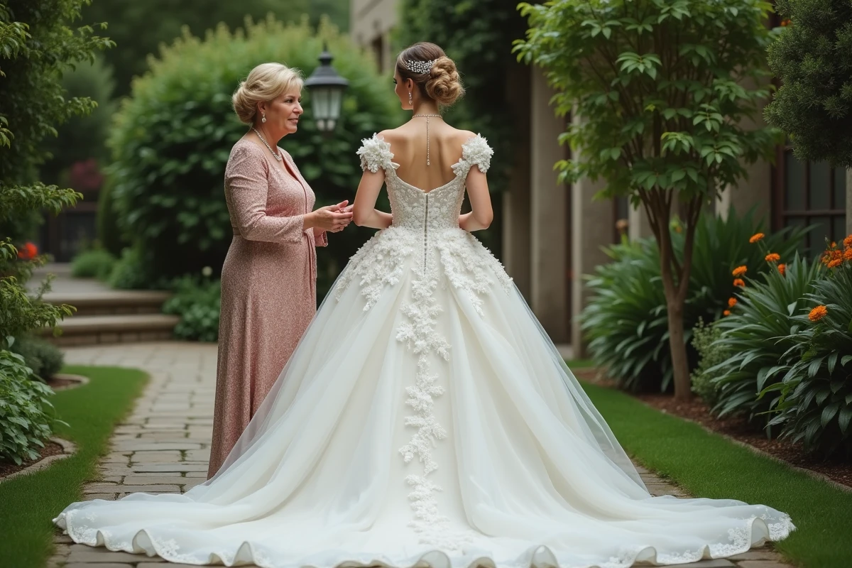Femme conseillant une mariée dans un jardin verdoyant