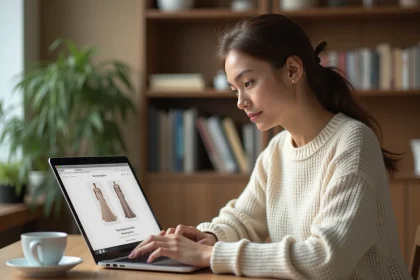 Jeune femme consultant un site de robes de mariage pas cher sur un ordinateur portable dans un appartement moderne