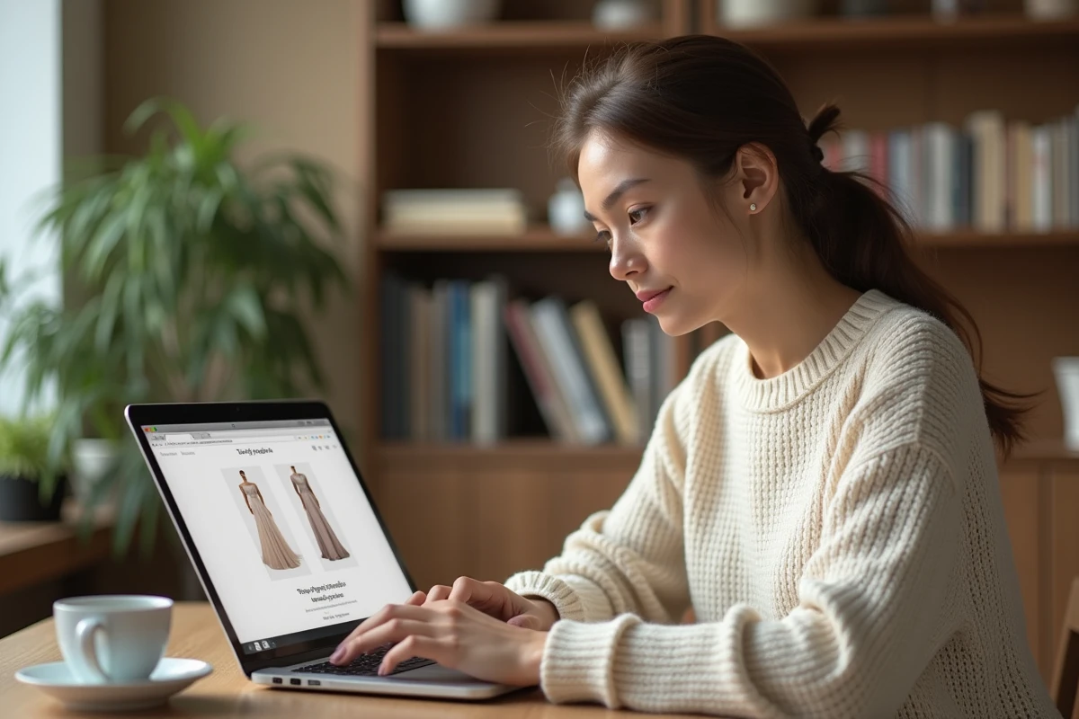 Jeune femme consultant un site de robes de mariage pas cher sur un ordinateur portable dans un appartement moderne