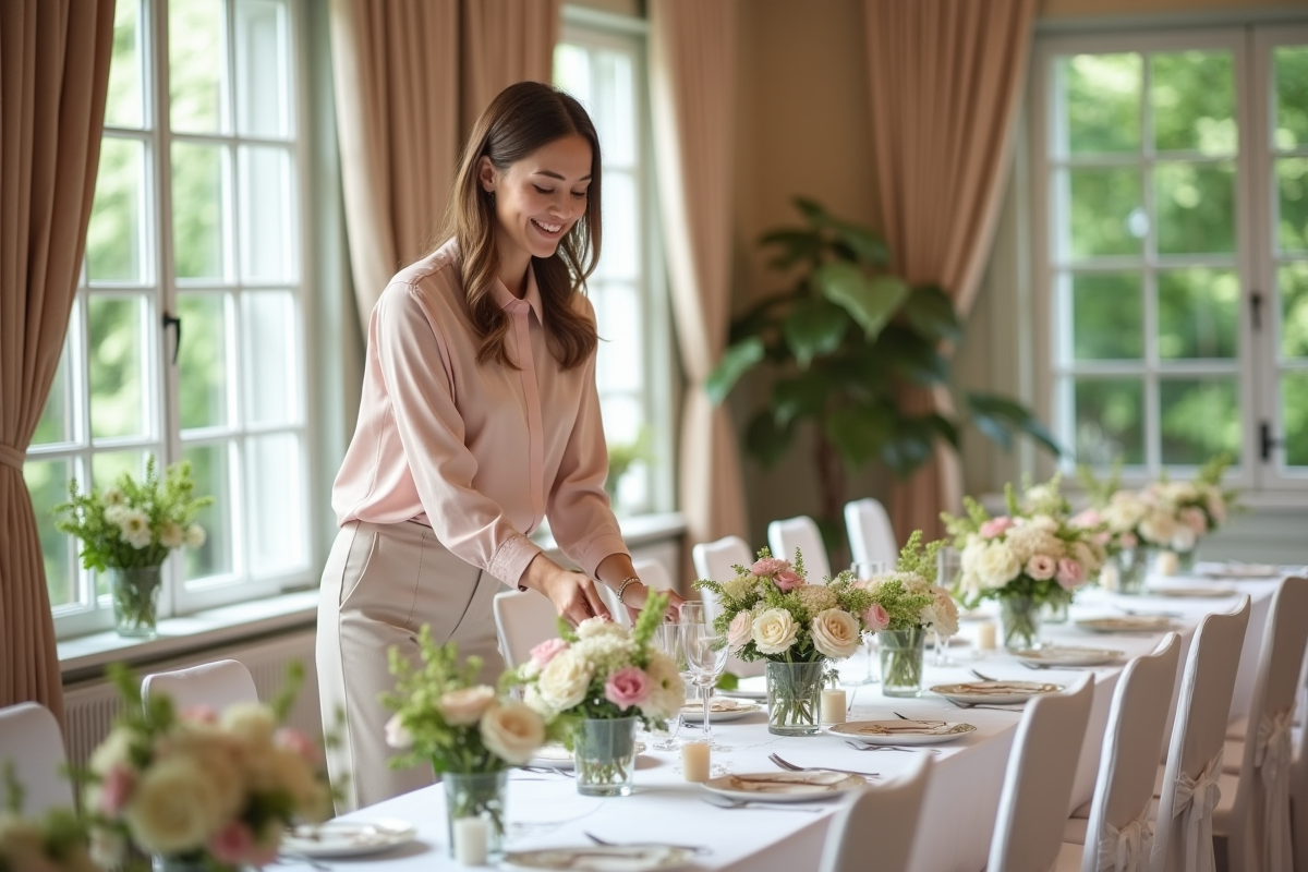 Femme souriante arrangeant des centres de fleurs