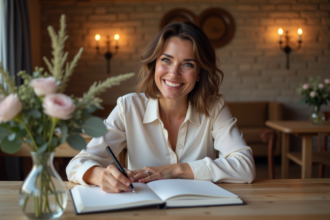 Femme souriante écrivant dans un guestbook lors d'un événement