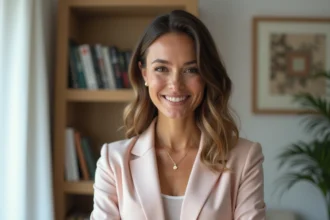Femme française confiante en blazer pastel souriant