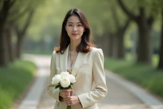 Femme élégante en veste crème tenant un bouquet de pivoines blanches dans un parc urbain, portrait éditorial raffiné