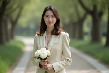 Femme élégante en veste crème tenant un bouquet de pivoines blanches dans un parc urbain, portrait éditorial raffiné