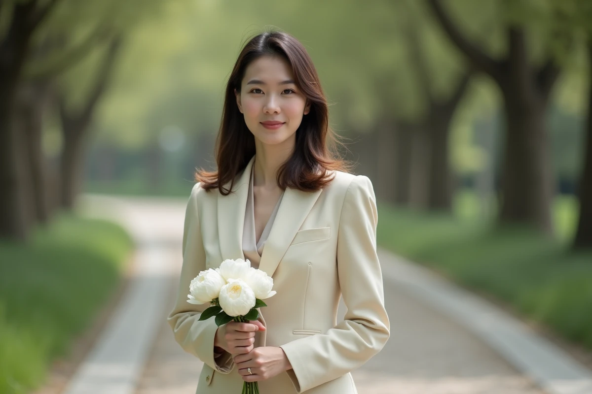 Femme élégante en veste crème tenant un bouquet de pivoines blanches dans un parc urbain, portrait éditorial raffiné