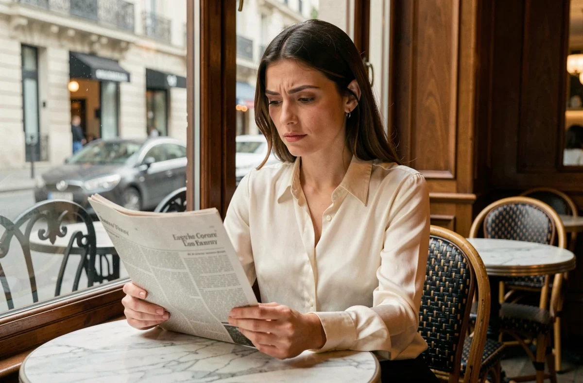 Femme élégante lisant un journal dans un café parisien, air pensif et sceptique, illustrant les rumeurs autour du mariage de Julie Fuchs
