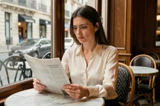 Femme élégante lisant un journal dans un café parisien, air pensif et sceptique, illustrant les rumeurs autour du mariage de Julie Fuchs